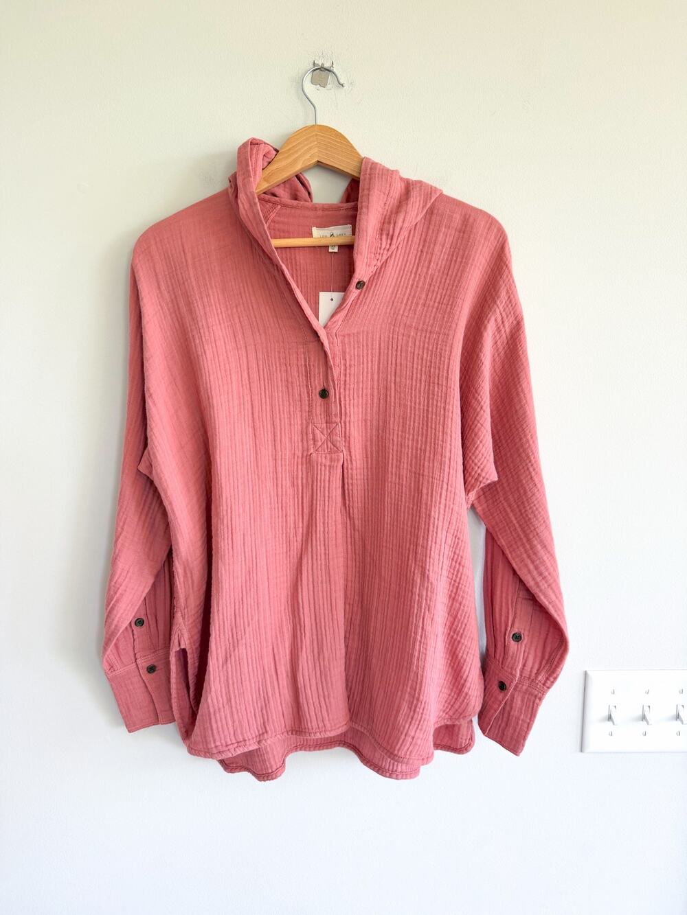Lou & Grey Gauze Cotton Long Sleeve Pullover Hoodie Pink XS